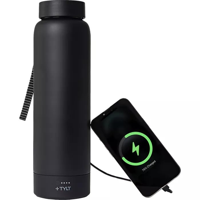 TYLT Power Bottle 2.0 24oz Stainless Steel Wide Mouth Water Bottle Removable 5700mAh Magnetic Portable Power Bank Dishwasher Safe Cup Holder Compatible Lanyard Handle Black