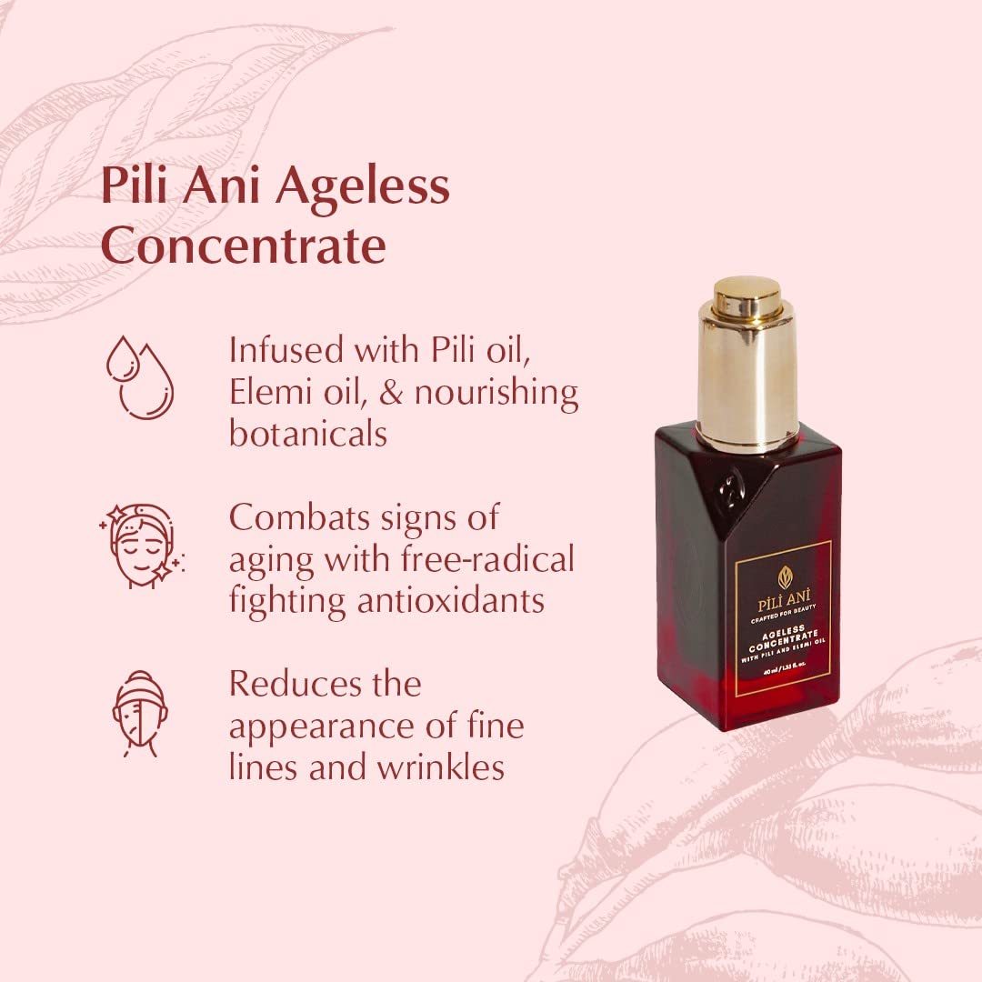 Pili Ani Ageless Concentrate – The perfect hydrating facial oil for daytime use, made with Pure Pili Oil and Elemi Oil for radiant and glowing skin. Vitamin E oil for face skincare 1.35 oz.