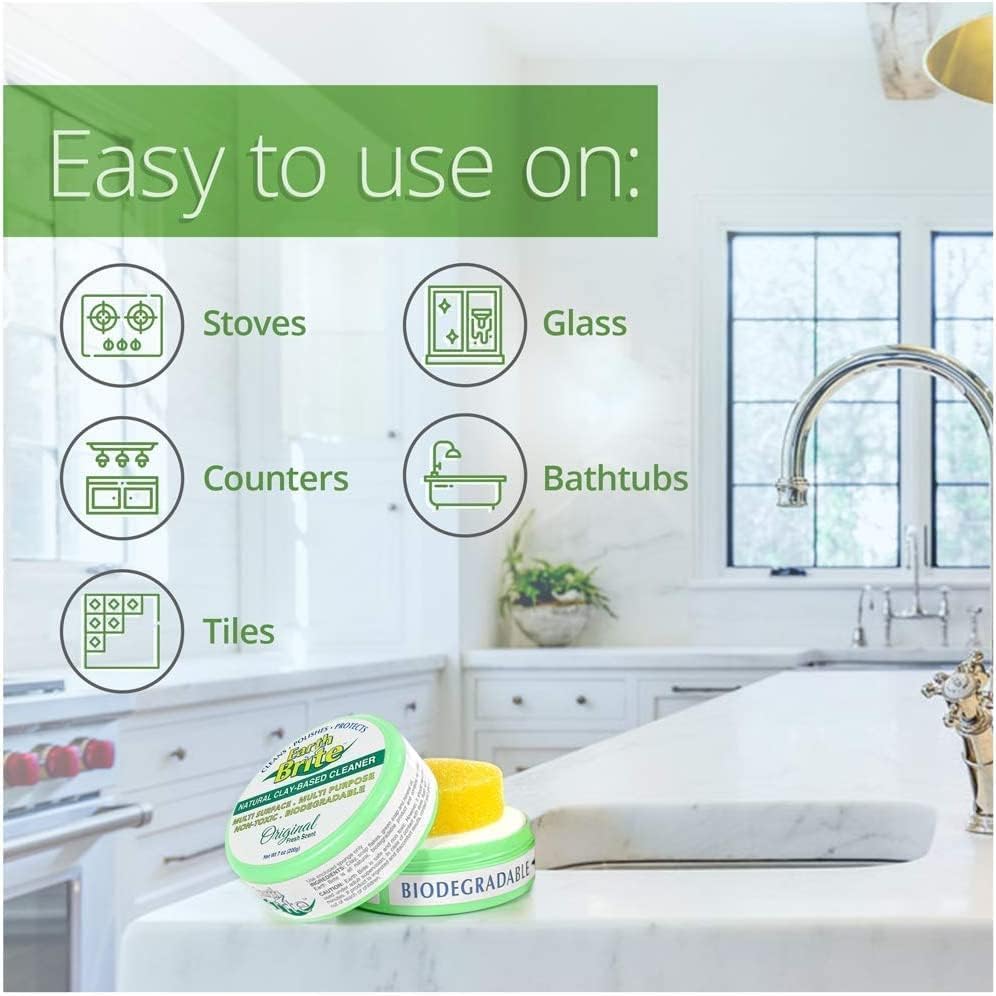 Earth Brite All Natural Multipurpose Cleaner for Bathroom, Floor, Kitchen and More | 300g Natural Clay Tub + Sponge (2-Pack) Includes Bonus Diamond Towel Cleaning Supplies Kit