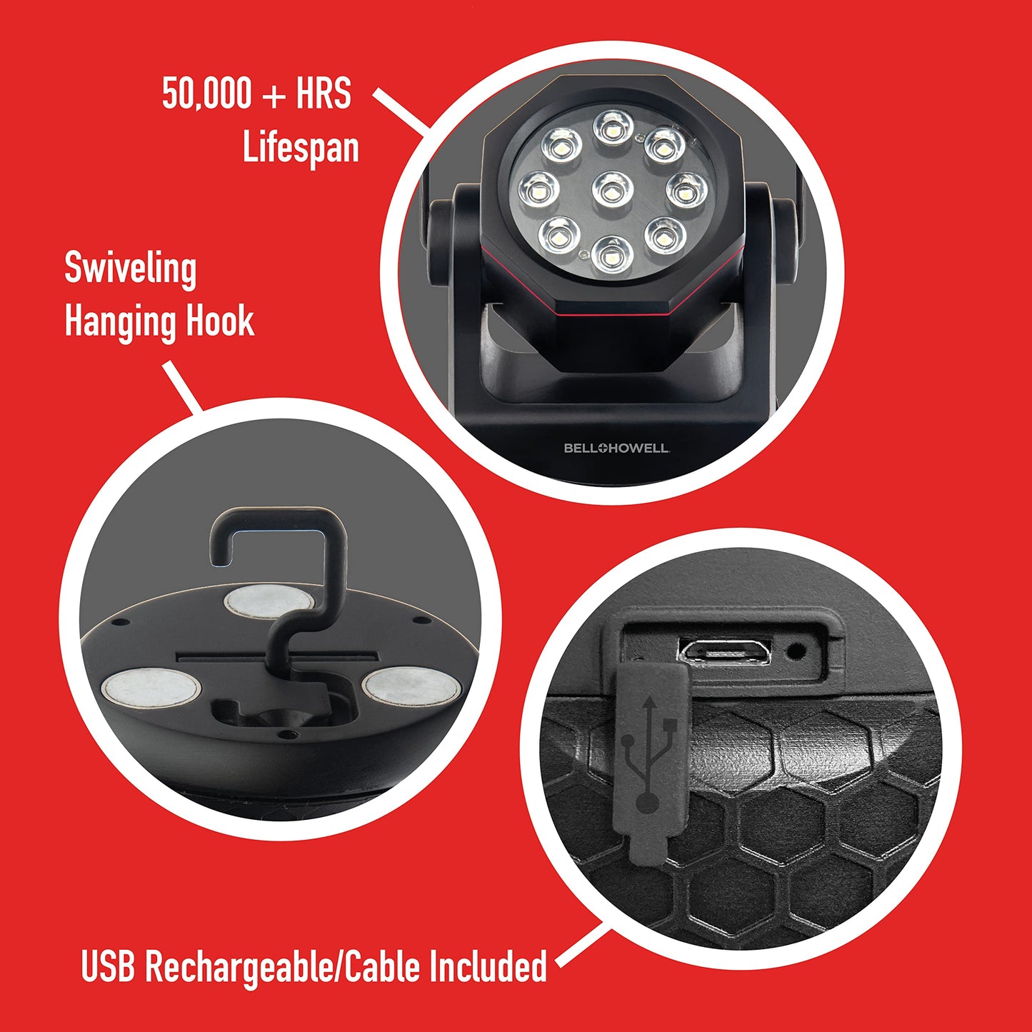 Bell+ Howell Bionic LED Work Light with Stand, Super Bright Rechargeable Portable LED Work Light, 1000 Lumen Camping Light, 50,000+ Hr. Lifespan
