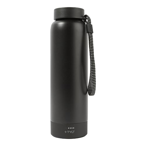 TYLT Power Bottle 2.0 24oz Stainless Steel Wide Mouth Water Bottle Removable 5700mAh Magnetic Portable Power Bank Dishwasher Safe Cup Holder Compatible Lanyard Handle Black