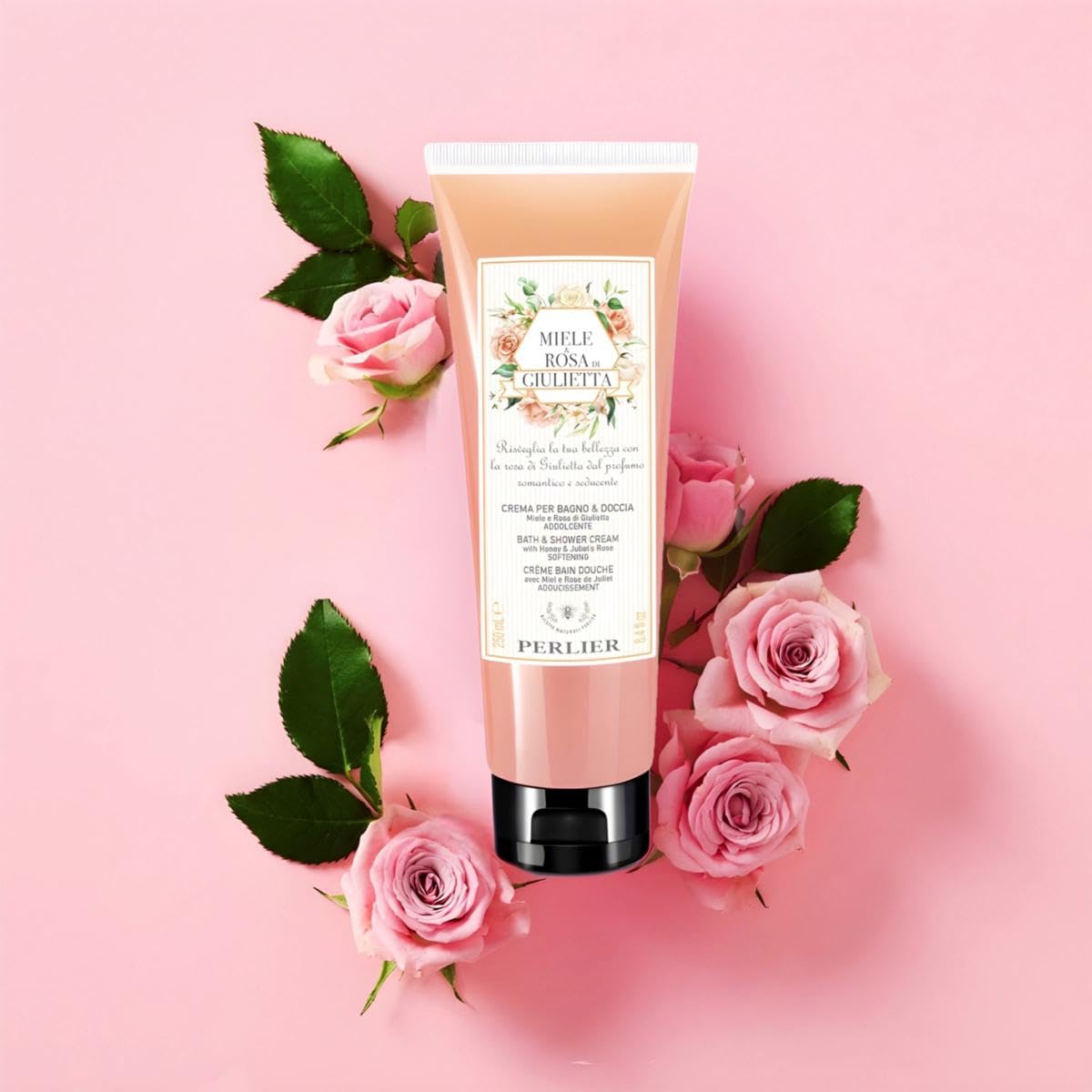 Perlier Miele & Rosa di Giulietta Bath and Shower Cream 8.4 fl oz, Peach/black