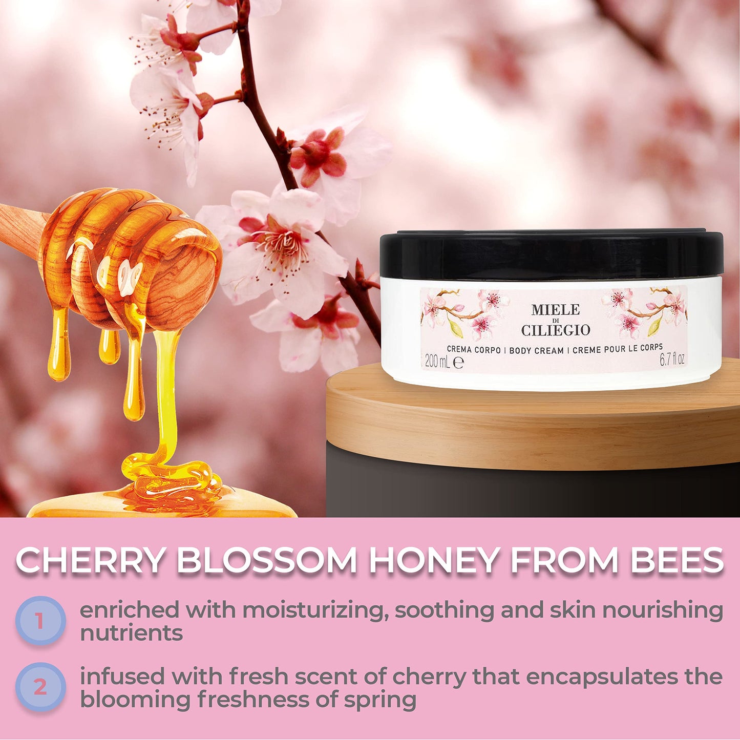 Perlier Cherry Blossom Honey Body Cream - Moisturizing Non-Greasy Cream For Dry Skin - Formulated for Extra Hydration 6.7 Oz