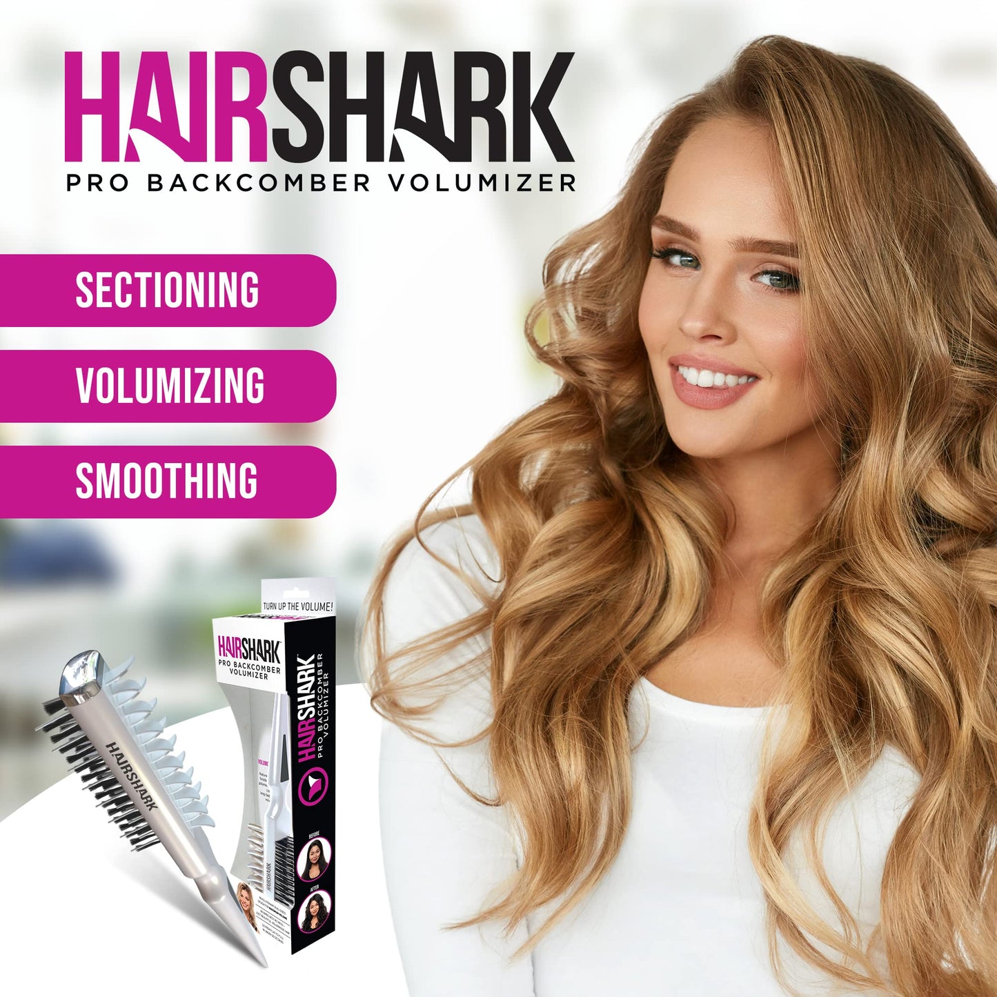 HAIRSHARK 3-in-1 Volume Hair Brush, Two-Sided Backcombing/Scalp Brush w/ Boar and Polymer Bristles, Easy To Use Styling Comb for All Hair Types, Volume, Blow Dry Look, & Wave Brush