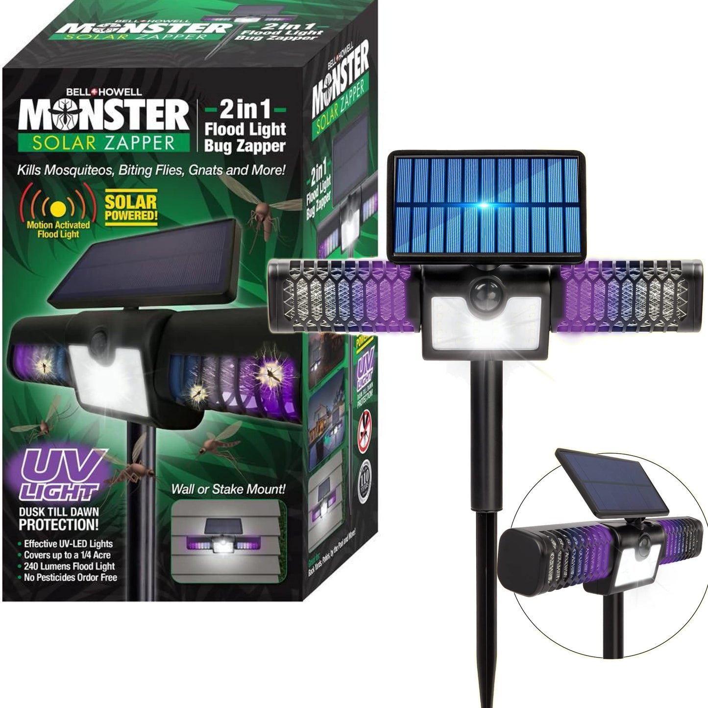 Monster Solar Bug Zapper 2in1 Solar Flood Light Solar Bug Zapper Electric Mosquito Zappers 1200V High Powered Pest Control Mosquito Zapper