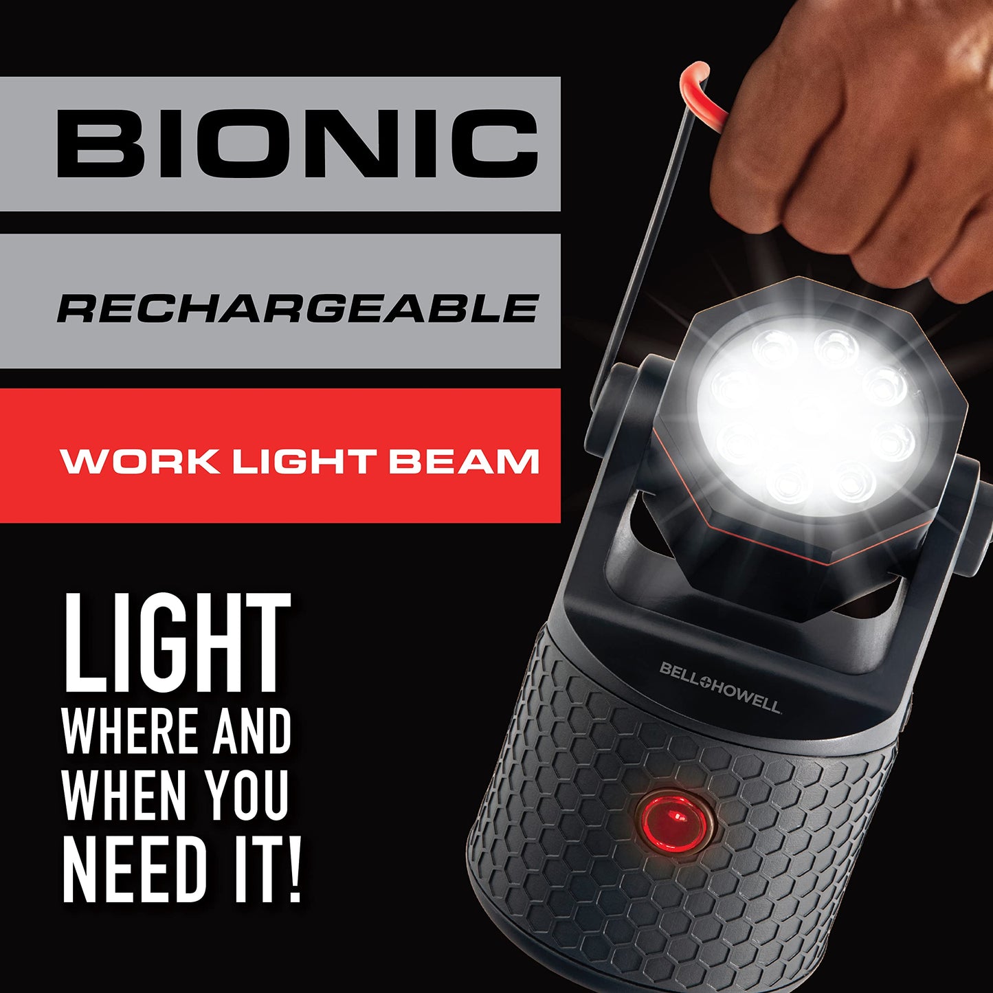 Bell+ Howell Bionic LED Work Light with Stand, Super Bright Rechargeable Portable LED Work Light, 1000 Lumen Camping Light, 50,000+ Hr. Lifespan