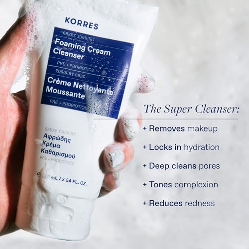 KORRES Greek Yoghurt Foaming Cream Cleanser, Hydrating, Deep Cleansing Skin Care, Makeup Remover, Face Wash for Women, Cream to Foam Facial Cleanser for Dry, Oily, Sensitive, Any Skin Type, 5.07 Fl Oz