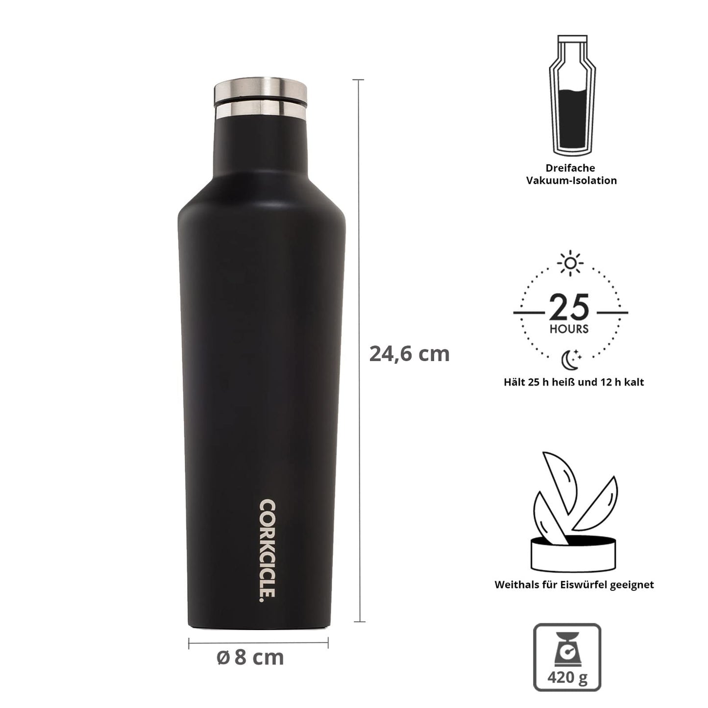 Corkcicle Canteen - Water Bottle and Thermos - Keeps Beverages Cold for Over 25, Hot for Over 12 Hours - Triple Insulated with Shatterproof Stainless Steel Construction - Matte Black - 16 oz.