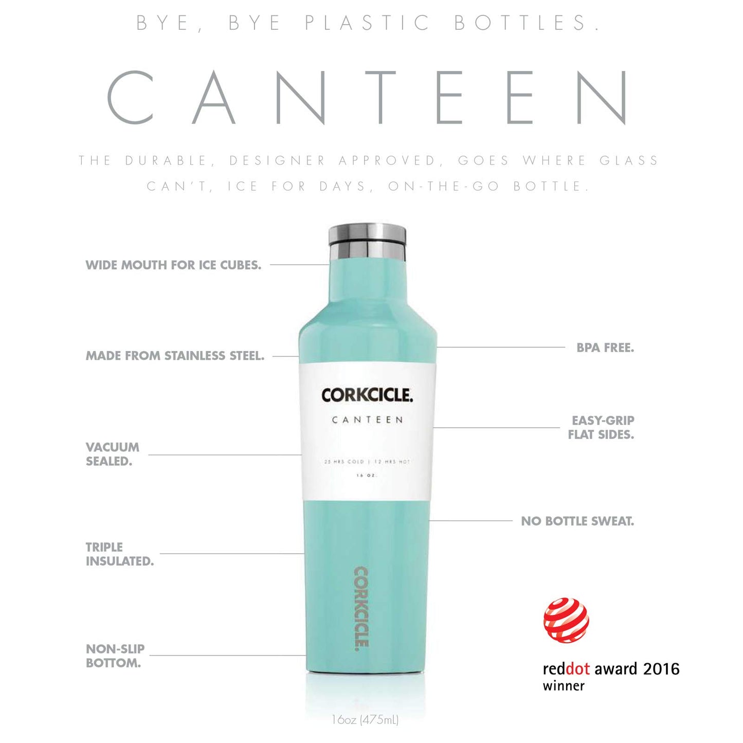 Corkcicle Canteen - Water Bottle and Thermos - Keeps Beverages Cold for Over 25, Hot for Over 12 Hours - Triple Insulated with Shatterproof Stainless Steel Construction - Matte Black - 16 oz.