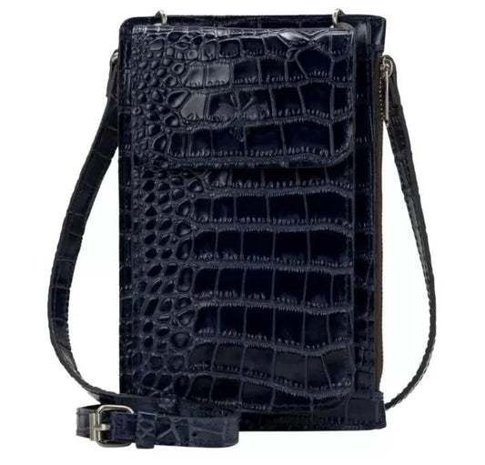 Patricia Nash Chiavella Croco Embossed Leather Phone Crossbody Wallet RFID-Navy, 4.875" L x 1.375" W x 7.625" H, 22.5-25.5" Strap, RFID Protection - Navy