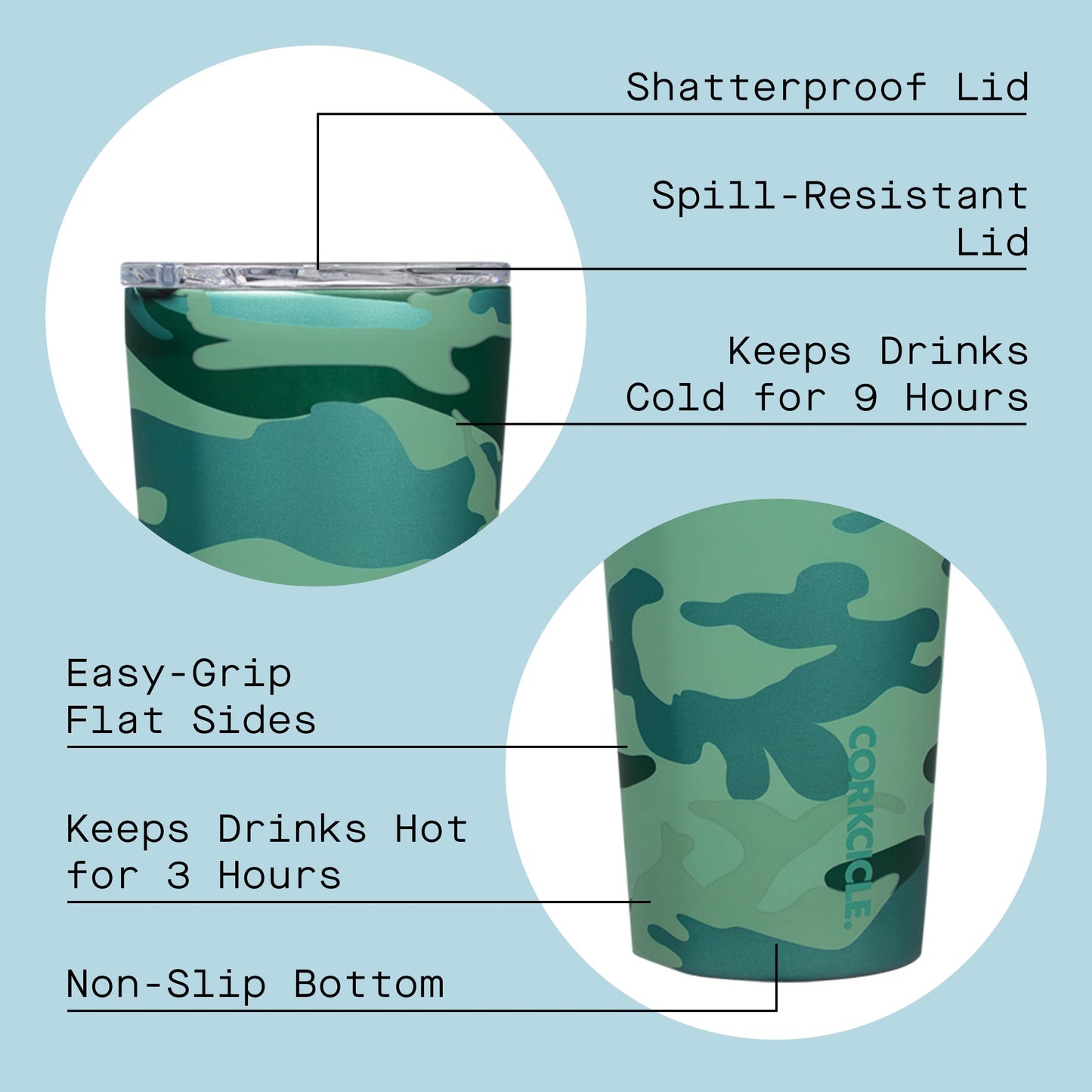 Corkcicle Travel Tumbler, Insulated Water Bottle with Lid, Spill Proof for Wine, Coffee, Tea, and Hot Cocoa, Jade Camo, 16 oz, 1 Count (Pack of 1)