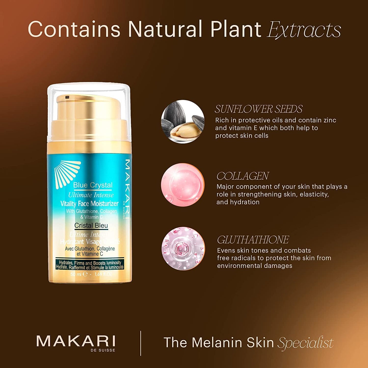 Makari Ultimate Intense Blue Crystal Vitality Face Moisturizer | Face Cream with Collagen and Glutathione | Facial Moisturizer for Women and Men | Hydrating Face Lotion with Sunflower Seed Oil (50 ml)