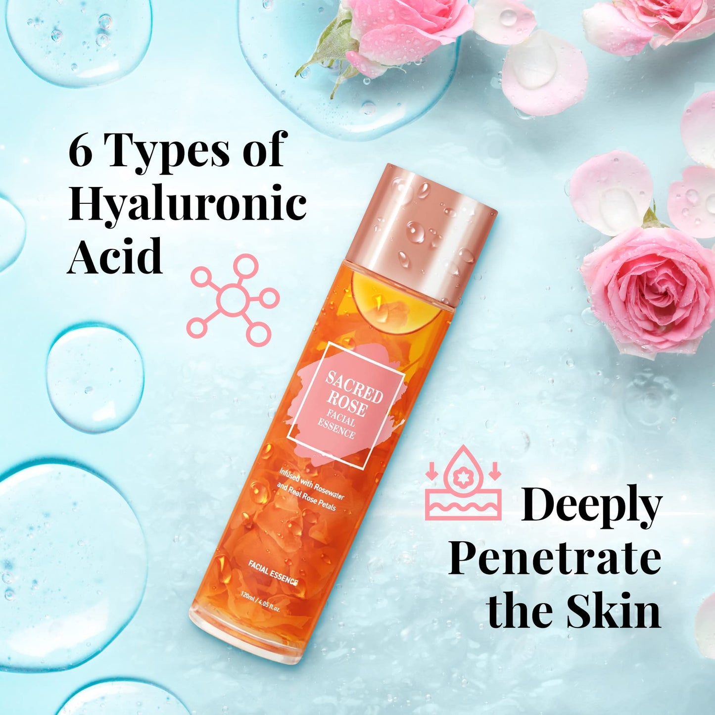 K BEAUTY SACRED ROSE FACIAL ESSENCE Face Brightening Serum Infused with Rose Water and 6 Types of Hyaluronic Acid Serum for Face Provides Intense Hydration for Fresh, Dewy Look