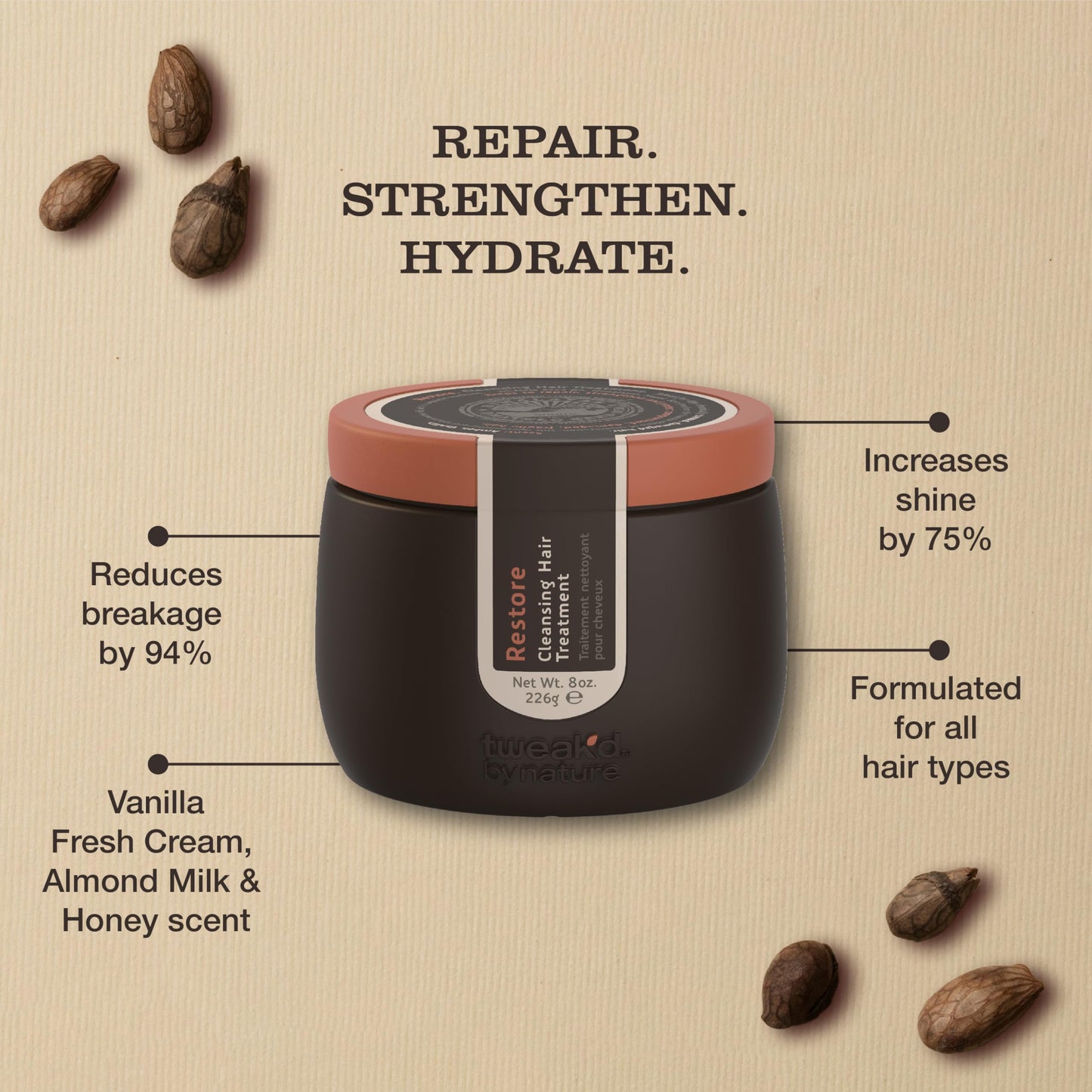 Tweak’d by Nature - Restore Cleansing Hair Treatment, 5-in-1, Strengthens and Nourishes Dry Hair for Silky and Soft Feel, Cruelty Free