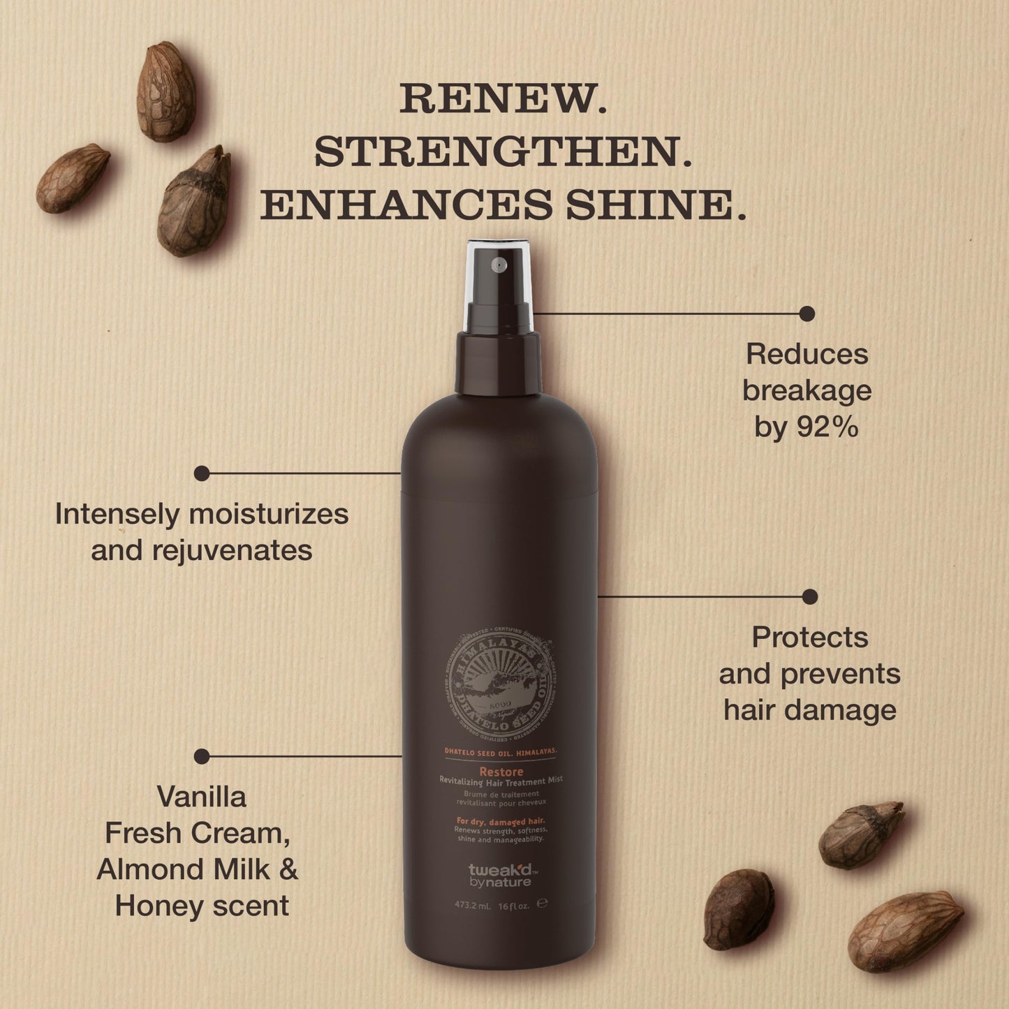 Tweak’d by Nature - Restore Revitalizing Hair Treatment Mist, Strengthens and Protects Hair for Soft Feel and Healthy Shine, Cruelty Free