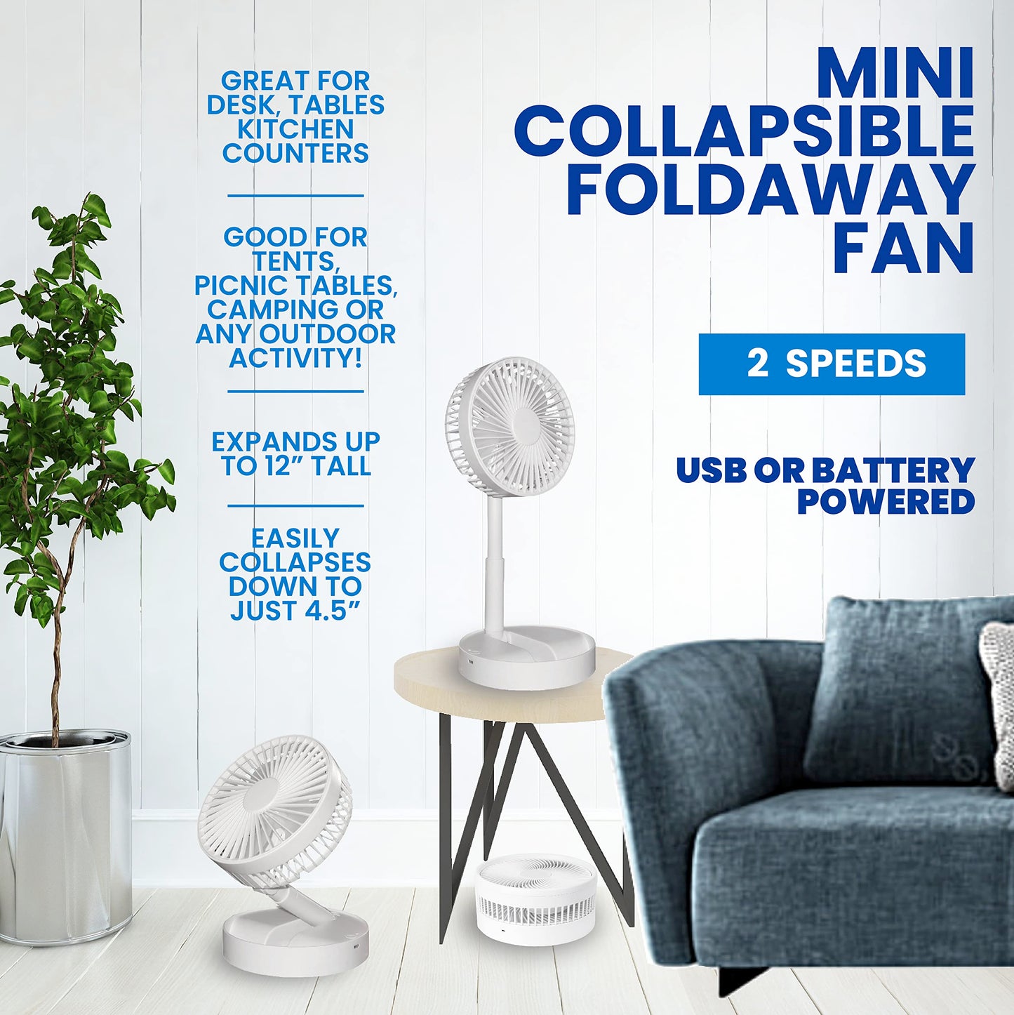Bell+Howell MY FOLDAWAY FAN Rechargeable Fan Collapsible Fan Ultra Lightweight Portable Compact Extendable to 12" High with 2 Speed Modes As Seen On TV