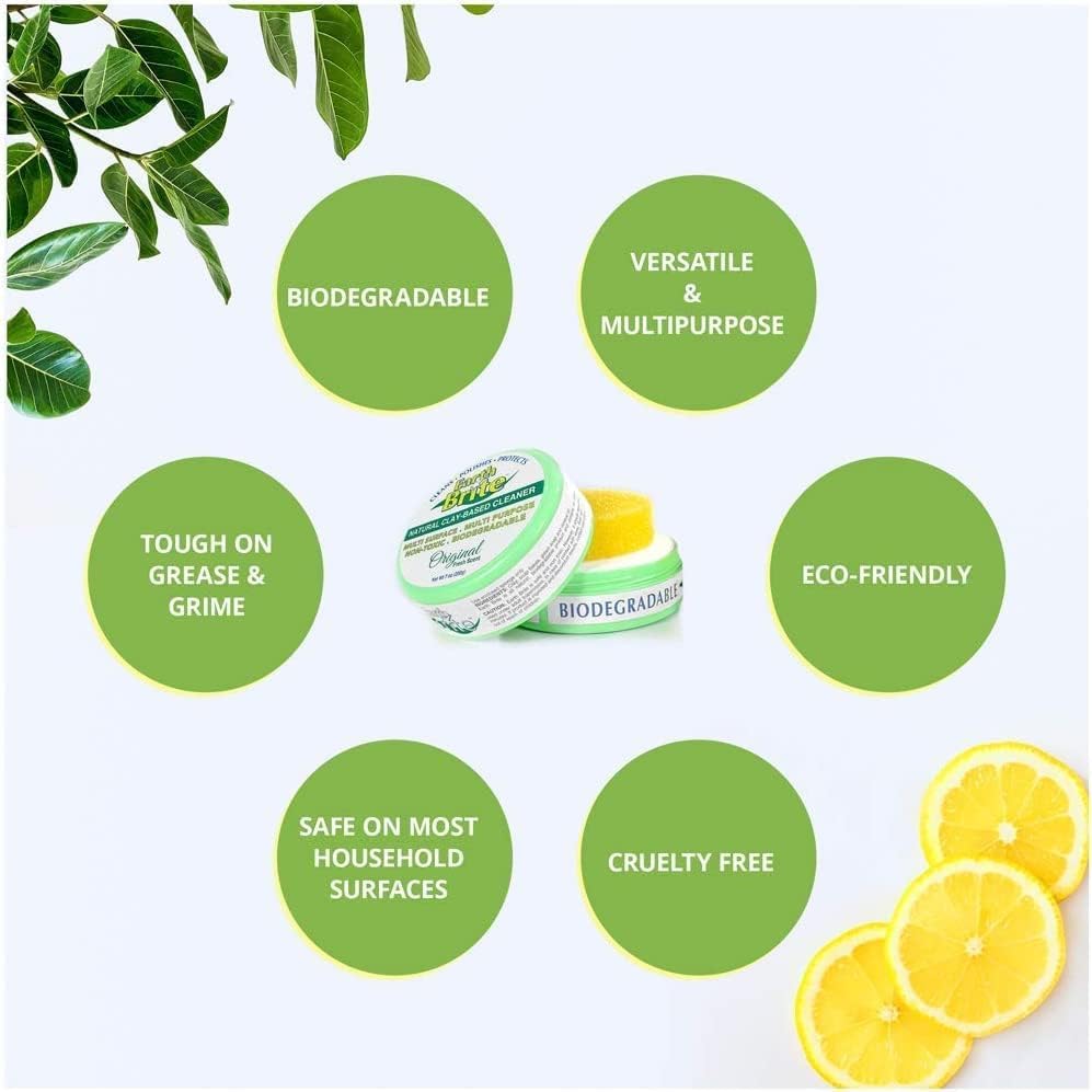 Earth Brite All Natural Multipurpose Cleaner for Bathroom, Floor, Kitchen and More | 300g Natural Clay Tub + Sponge (2-Pack) Includes Bonus Diamond Towel Cleaning Supplies Kit