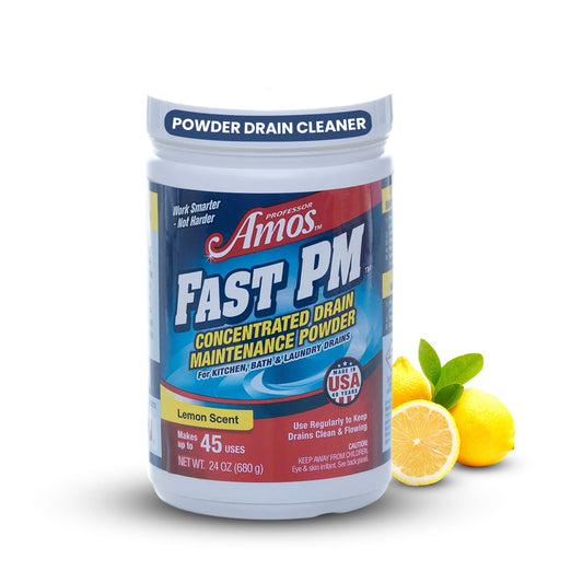 Professor Amos Fast PM Drain Maintenance Powder Concentrate Preventative Drain Cleaner Powder Garbage Disposal, Washing Machine, Dishwasher, Sink, Bathtub, Shower 24 Oz