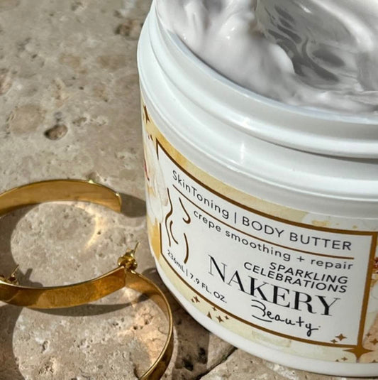 Nakery SkinToning Body Butter | Crepe Smoothing + Repair | Infused with Niacinamide, Caffeine, Tri-Hyaluronic Acid (Sparkling Celebrations)