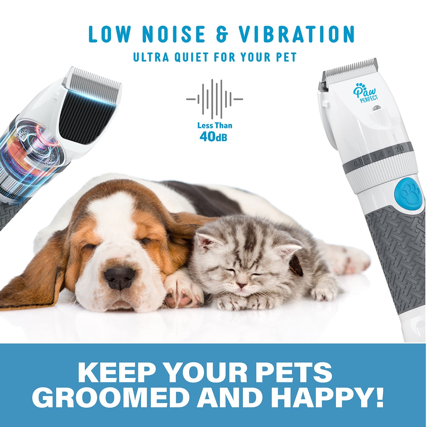 Bell+Howell PawPerfect Pet Fur and Hair Trimmer, Clippers with Stainless Steel and Ceramic Blades Low Noise Rechargeable and Cordless Shaver for Furry Pets As Seen On TV