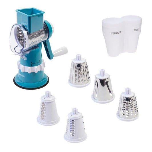 Kitchen HQ Speed Drum Grater, 5 Interchangeable Drums, Slicer, Shredder, Crinkle Cut, Julienne, Fine Grater, with Pusher - Turquoise