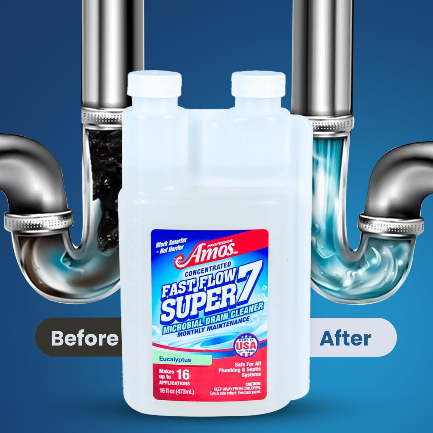 Professor Amos Super 7 Enzyme Drain Cleaner Monthly Maintenance for Kitchen & Bathroom Drains Natural Microbial Formula Garbage Disposal, Bathtub & Shower Cleaner