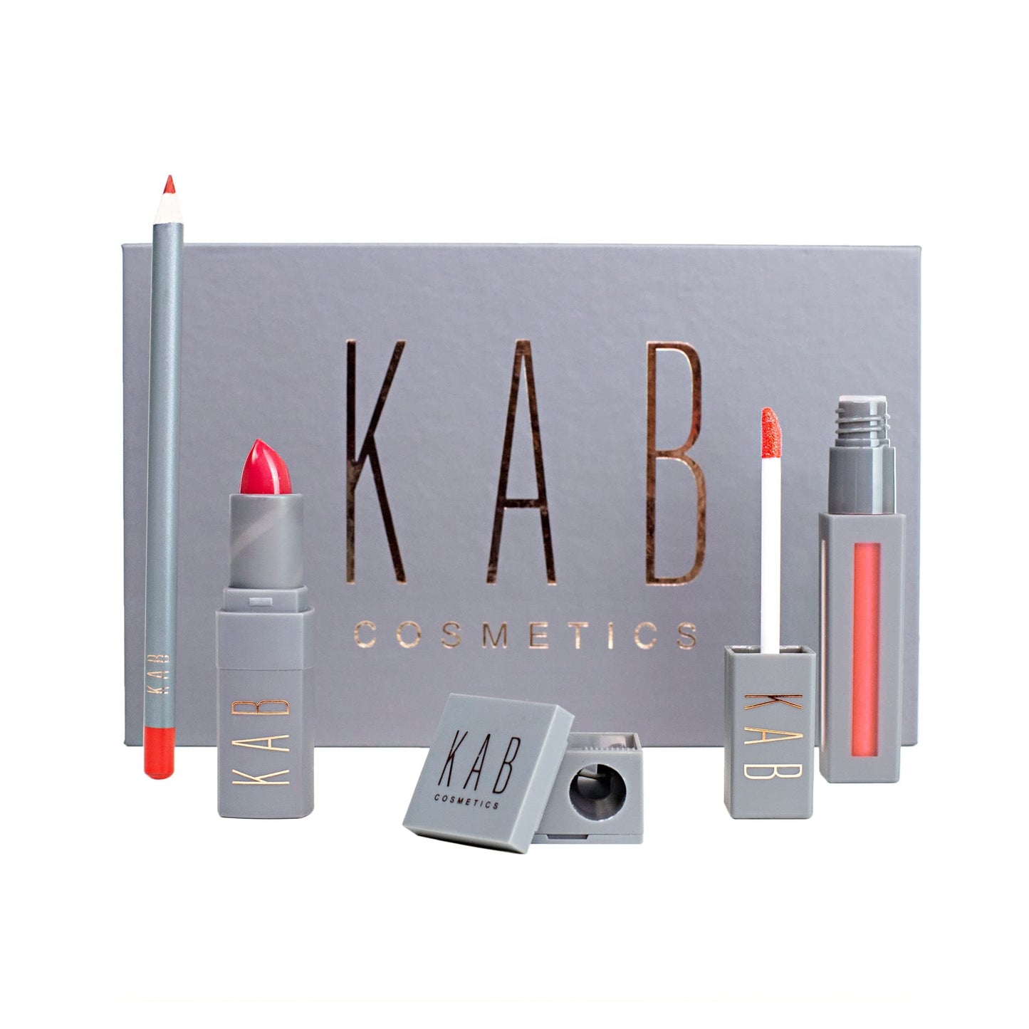 KAB Lipgloss, Lip Liner, & Lipstick Set – Essential Gel Lip Pencil, Matte Lipstick, & Lip Gloss Set with Sharpener – Cruelty-Free Lip Kit for Lasting Lip Color & Full Pout
