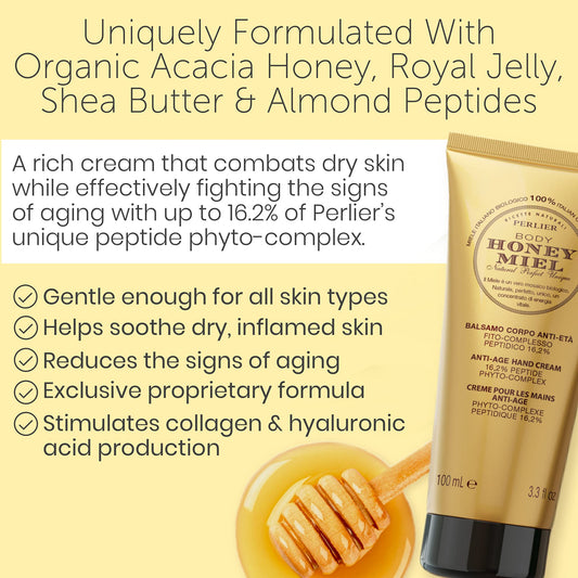 Perlier Honey Miel Anti-Aging Hand Cream, Rich, Moisturizing Lotion Made with 100% Organic Italian, Royal Jelly, Shea Butter for Deep Repairing Hydration, 3.3 Fl Oz