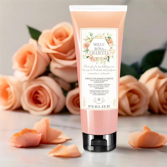 Perlier Miele & Rosa di Giulietta Bath and Shower Cream 8.4 fl oz, Peach/black