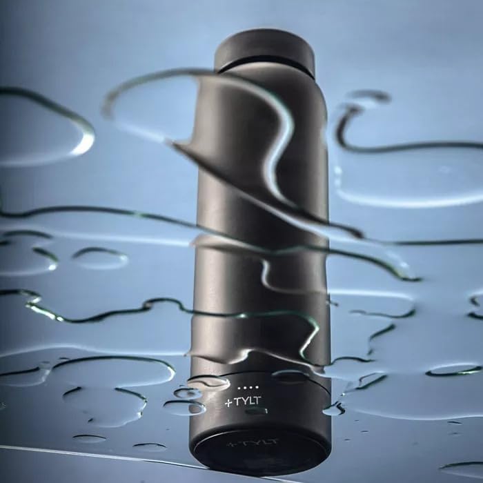 TYLT Power Bottle 2.0 24oz Stainless Steel Wide Mouth Water Bottle Removable 5700mAh Magnetic Portable Power Bank Dishwasher Safe Cup Holder Compatible Lanyard Handle Black