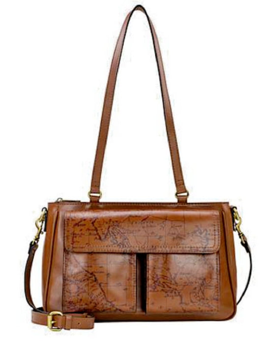 Patricia Nash Rosetti Leather Satchel/Crossbody Signature Map Brown