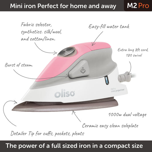 Oliso M2 Mini Project Steam Iron with Solemate - for Sewing, Quilting, Crafting, and Travel | 1000 Watt Dual Voltage Ceramic Soleplate Steam Iron, Pink