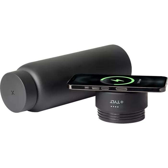 TYLT Power Bottle 2.0 24oz Stainless Steel Wide Mouth Water Bottle Removable 5700mAh Magnetic Portable Power Bank Dishwasher Safe Cup Holder Compatible Lanyard Handle Black