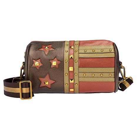 Sharif 1827 Leather Barrel Crossbody Bag, Americana Print with Stars, Studs