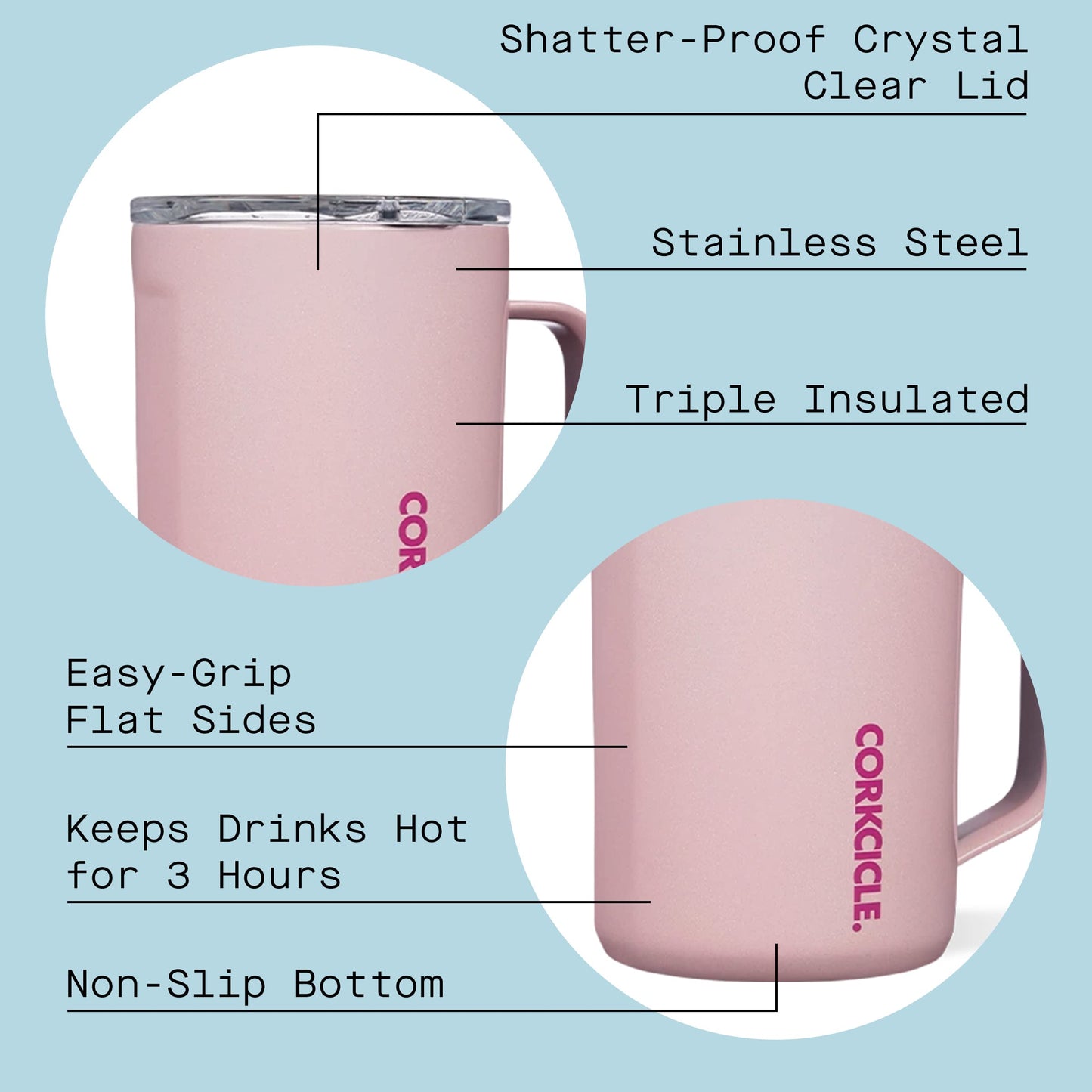Corkcicle Sparkle 16 Ounce Coffee Mug Triple Insulated Stainless Steel Cup with Clear Lid and Silicone Bottom for Hot Drinks, Cotton Candy