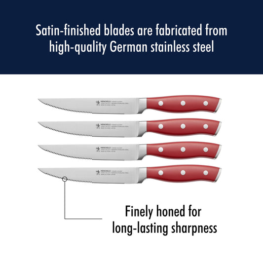 HENCKELS Forged Accent Razor-Sharp Steak Knife Set of 4, Red, German Engineered Knife Informed by over 100 Years of Mastery