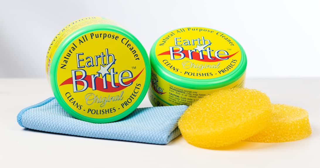 Earth Brite All Natural Multipurpose Cleaner for Bathroom, Floor, Kitchen and More | 300g Natural Clay Tub + Sponge (2-Pack) Includes Bonus Diamond Towel Cleaning Supplies Kit