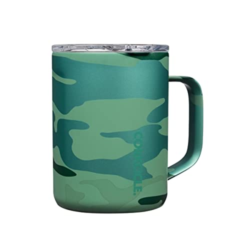 Corkcicle Triple Insulated Coffee Mug with Lid and Handle, Jade Camo, 16 oz – Stainless Steel Travel Mug Keeps Beverages Hot for 3+ Hours – Non-Slip, Easy-Grip, Spill-Resistant Tumbler