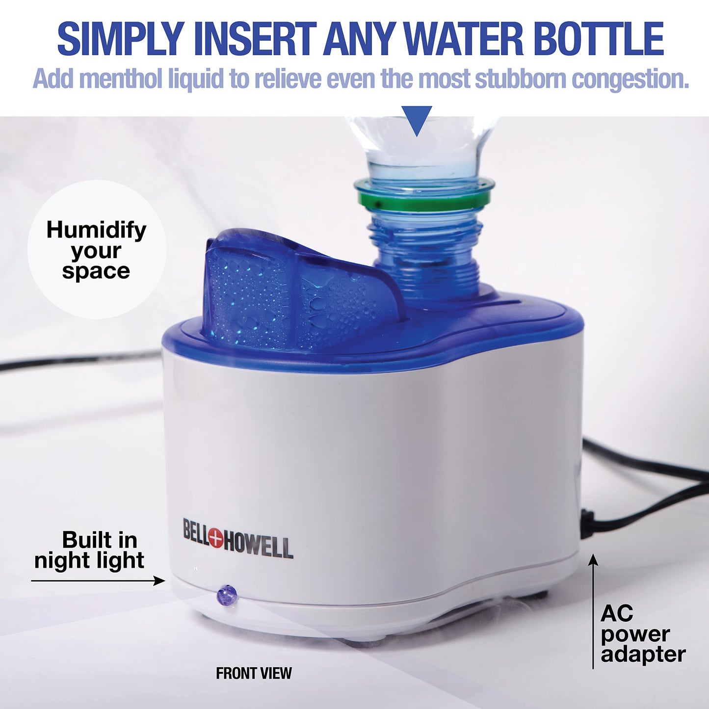 Bell+Howell Ultrasonic Personal Portable Humidifier-Cool Mist- lasts up to 12 hours per water bottle