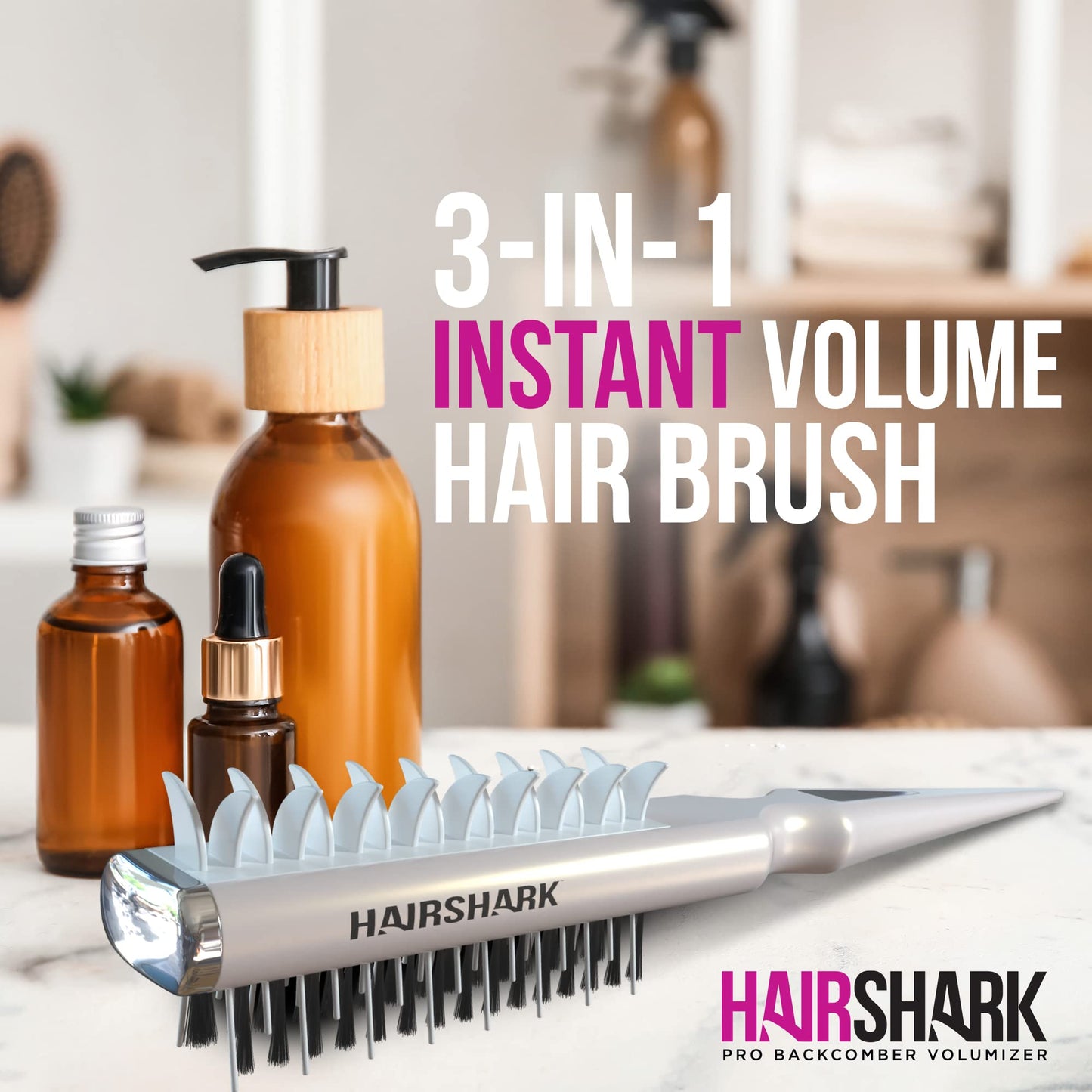 HAIRSHARK 3-in-1 Volume Hair Brush, Two-Sided Backcombing/Scalp Brush w/ Boar and Polymer Bristles, Easy To Use Styling Comb for All Hair Types, Volume, Blow Dry Look, & Wave Brush