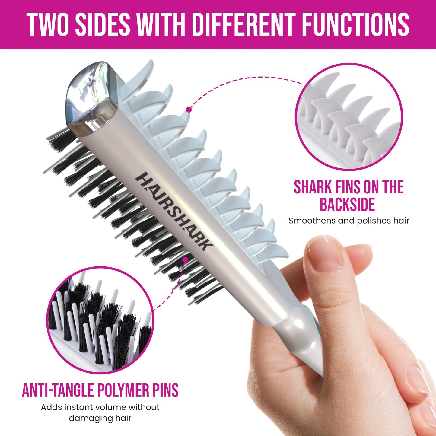 HAIRSHARK 3-in-1 Volume Hair Brush, Two-Sided Backcombing/Scalp Brush w/ Boar and Polymer Bristles, Easy To Use Styling Comb for All Hair Types, Volume, Blow Dry Look, & Wave Brush