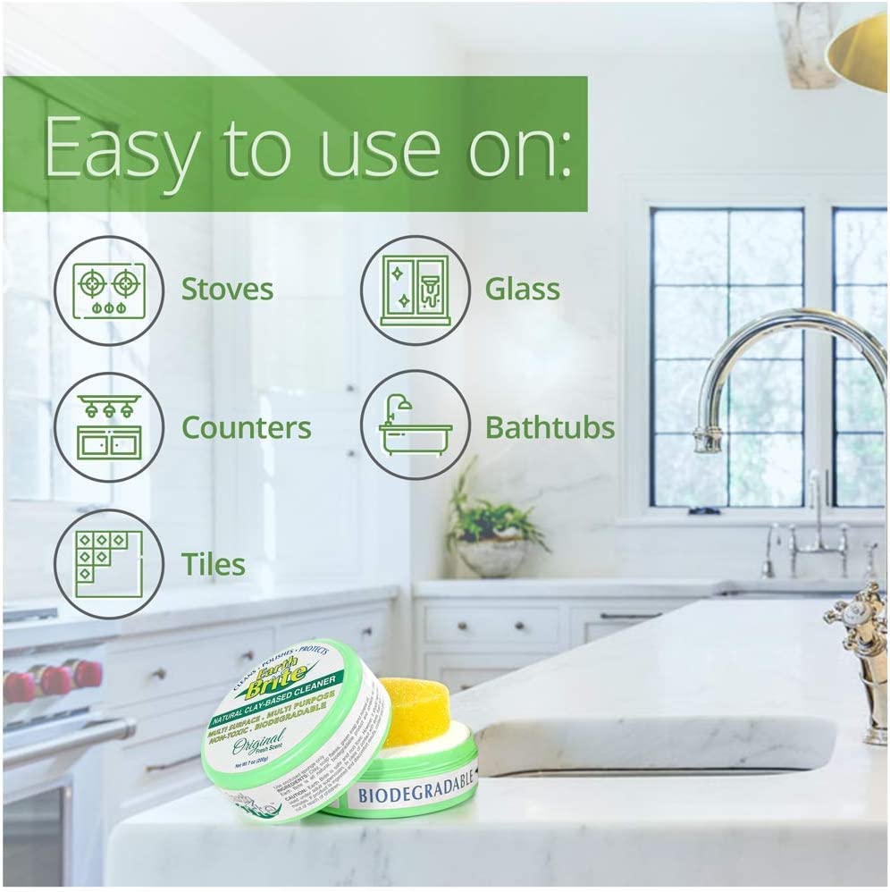Earth Brite All Natural Multipurpose Cleaner for Bathroom, Floor, Kitchen and More | 300g Natural Clay Tub + Sponge (2-Pack) Includes Bonus Diamond Towel Cleaning Supplies Kit