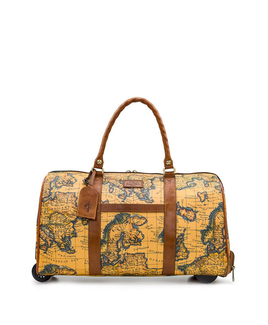 Avola Wheeled Duffel Bag - Patina Coated Linen Canvas European Map Print
