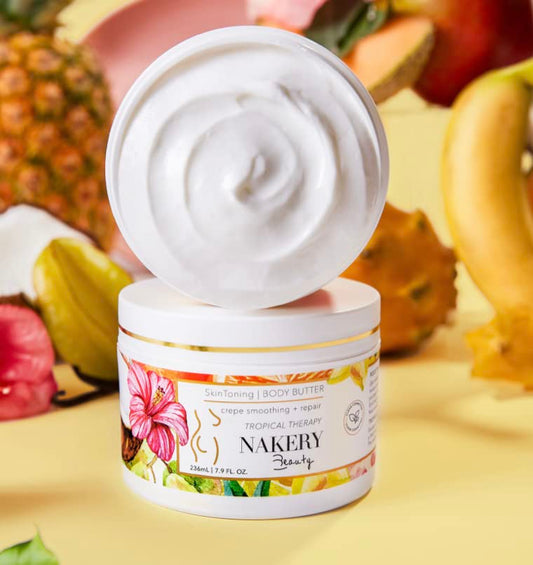 Nakery SkinToning Body Butter | Crepe Smoothing + Repair | Infused with Niacinamide, Caffeine, Tri-Hyaluronic Acid (Tropical Therapy)