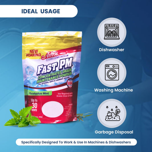 Professor Amos Fast PM 16oz - Preventative Drain Maintenance Powder Concentrate - Garbage Disposal, Sink, Shower & Bathtub Drain Cleaner