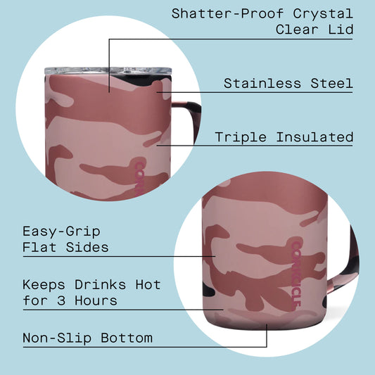 Corkcicle Coffee Mug - Triple-Insulated Stainless Steel Cup with Handle, 16 oz, Rose Camo
