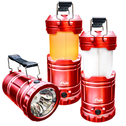 Slide-N-Glo 3-IN-1 Collapsible LED Lamp, Flashlight and Realistic Flickering Flame Effect Lantern - For Indoor Use To Outdoor Camping - Survival Kit for Emergency (Hurricane) (Red)