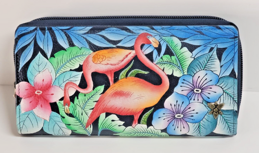 Anuschka Hand-Painted Clutch Wallet with RFID Protection-Flamingo Love-NEW