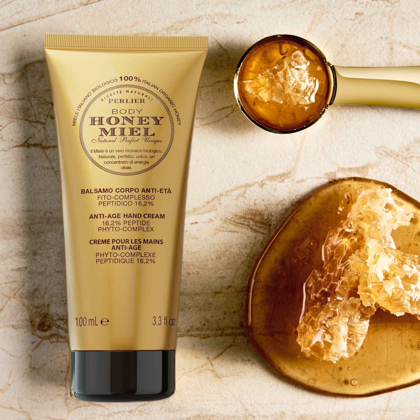 Perlier Honey Miel Anti-Aging Hand Cream, Rich, Moisturizing Lotion Made with 100% Organic Italian, Royal Jelly, Shea Butter for Deep Repairing Hydration, 3.3 Fl Oz