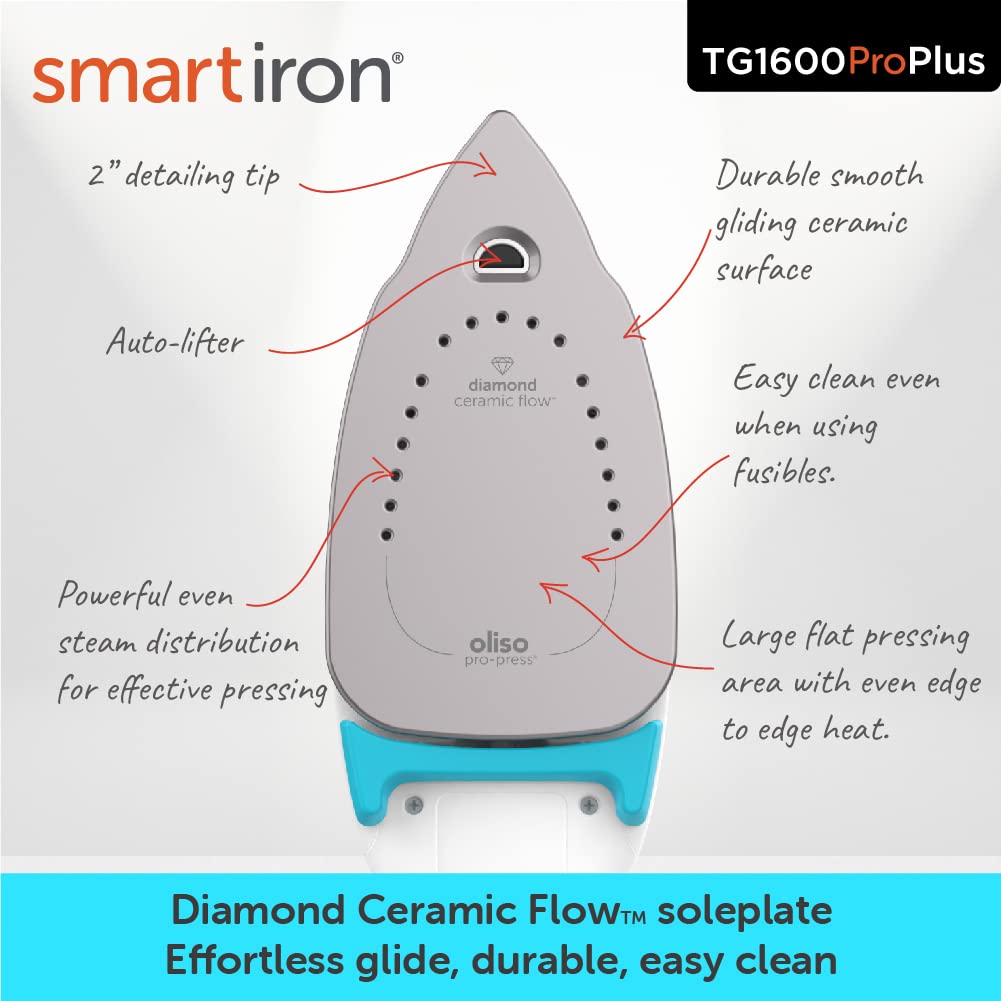 Oliso TG1600 Pro Plus 1800 Watt SmartIron with Auto Lift - for Clothes, Sewing, Quilting and Crafting Ironing | Diamond Ceramic-Flow Soleplate Steam Iron